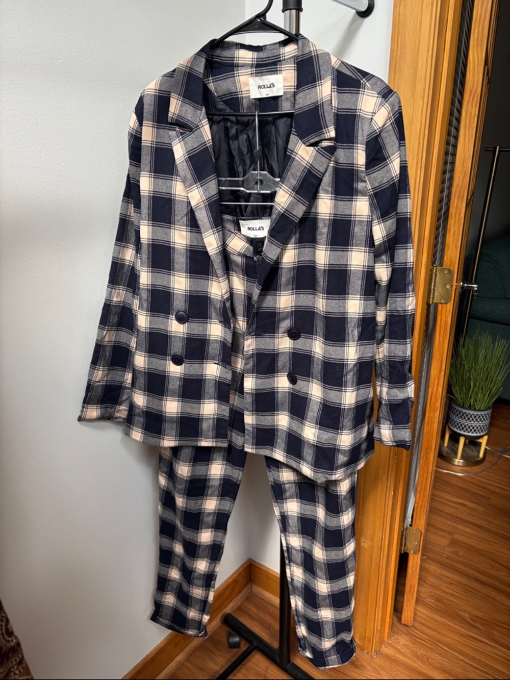 NWT ROLLA'S Navy & Cream Plaid Double-Breasted Suit and Pant Set
